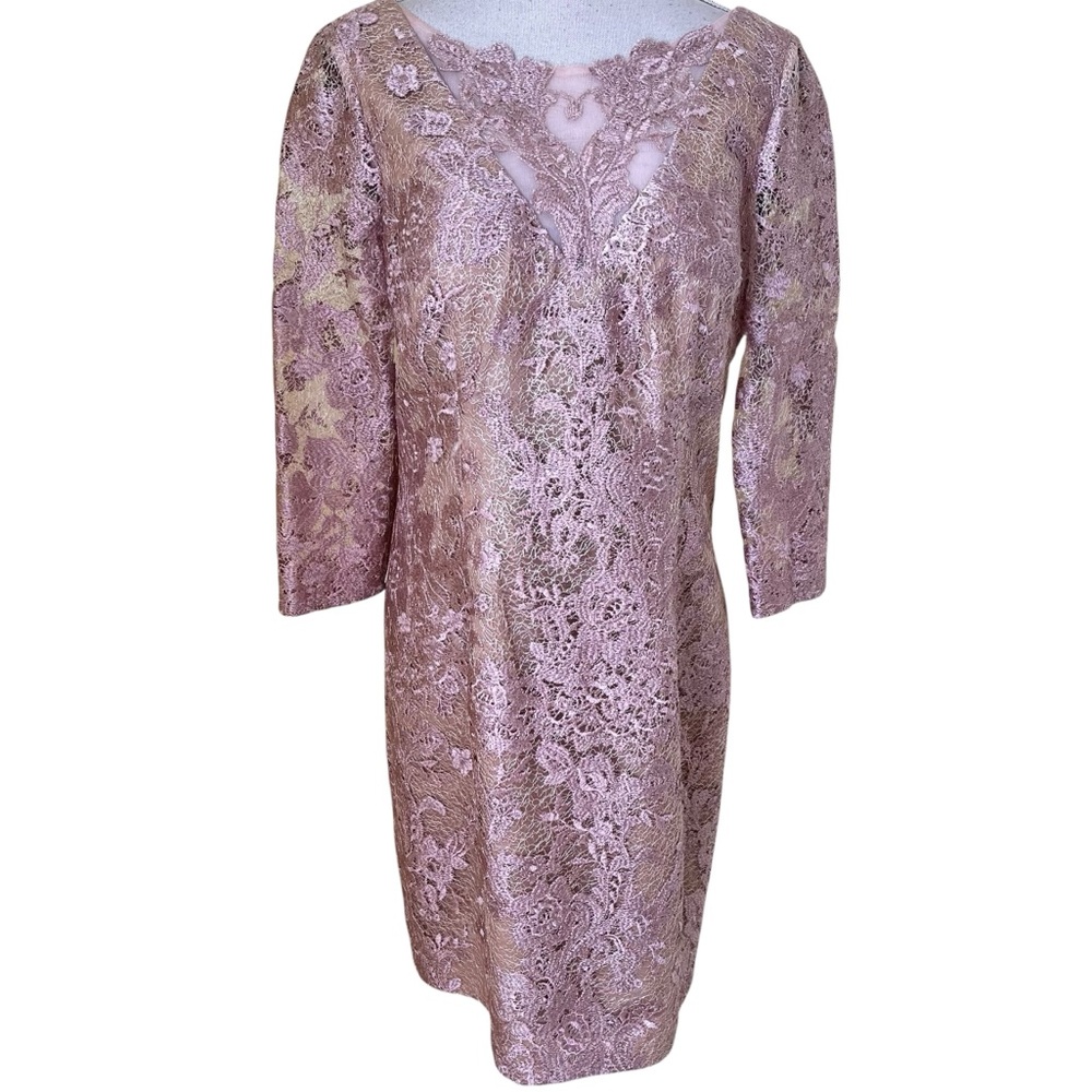 JS Collection Blush Pink Lace 3/4 Sleeve Sheath Dress 12